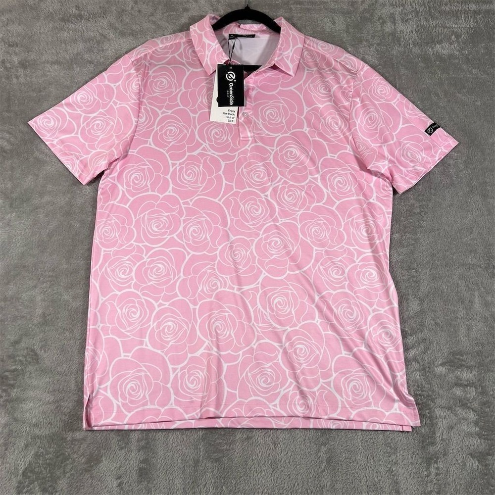 Greenside Polo Shirt Mens Medium Pink Floral Performance Short Sleeve Golf‎ NEW